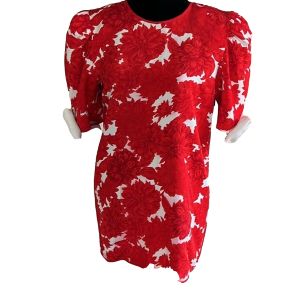 Vintage red floral puff sleeve shift dress